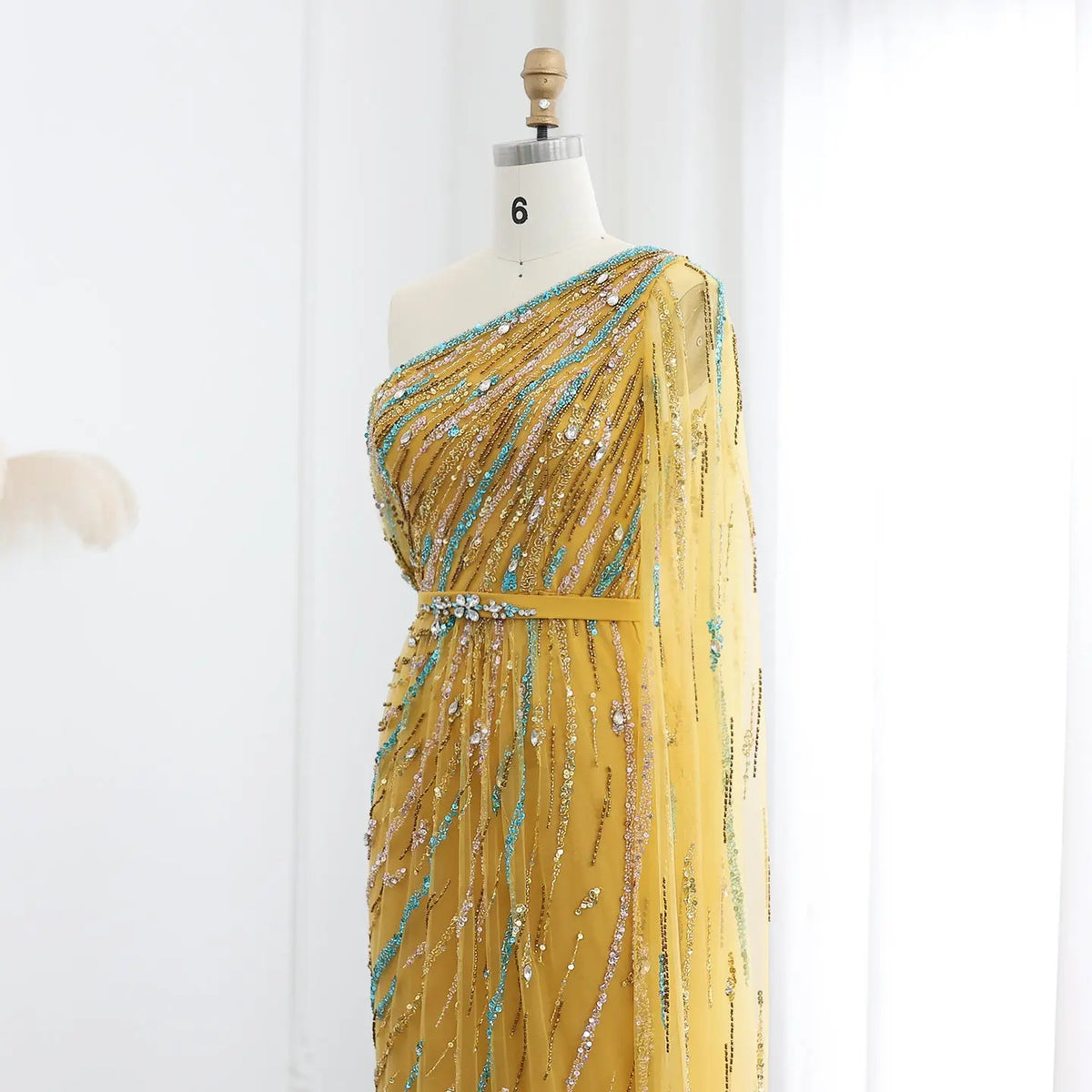 Colorful Beaded One Shoulder Yellow Evening Dress with Cape SS423 