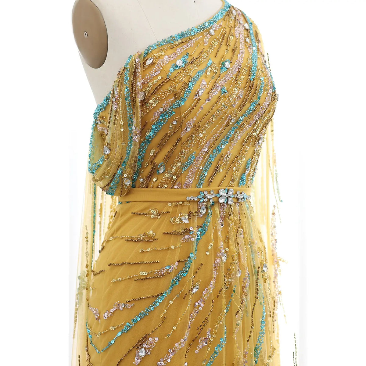 Colorful Beaded One Shoulder Yellow Evening Dress with Cape SS423 