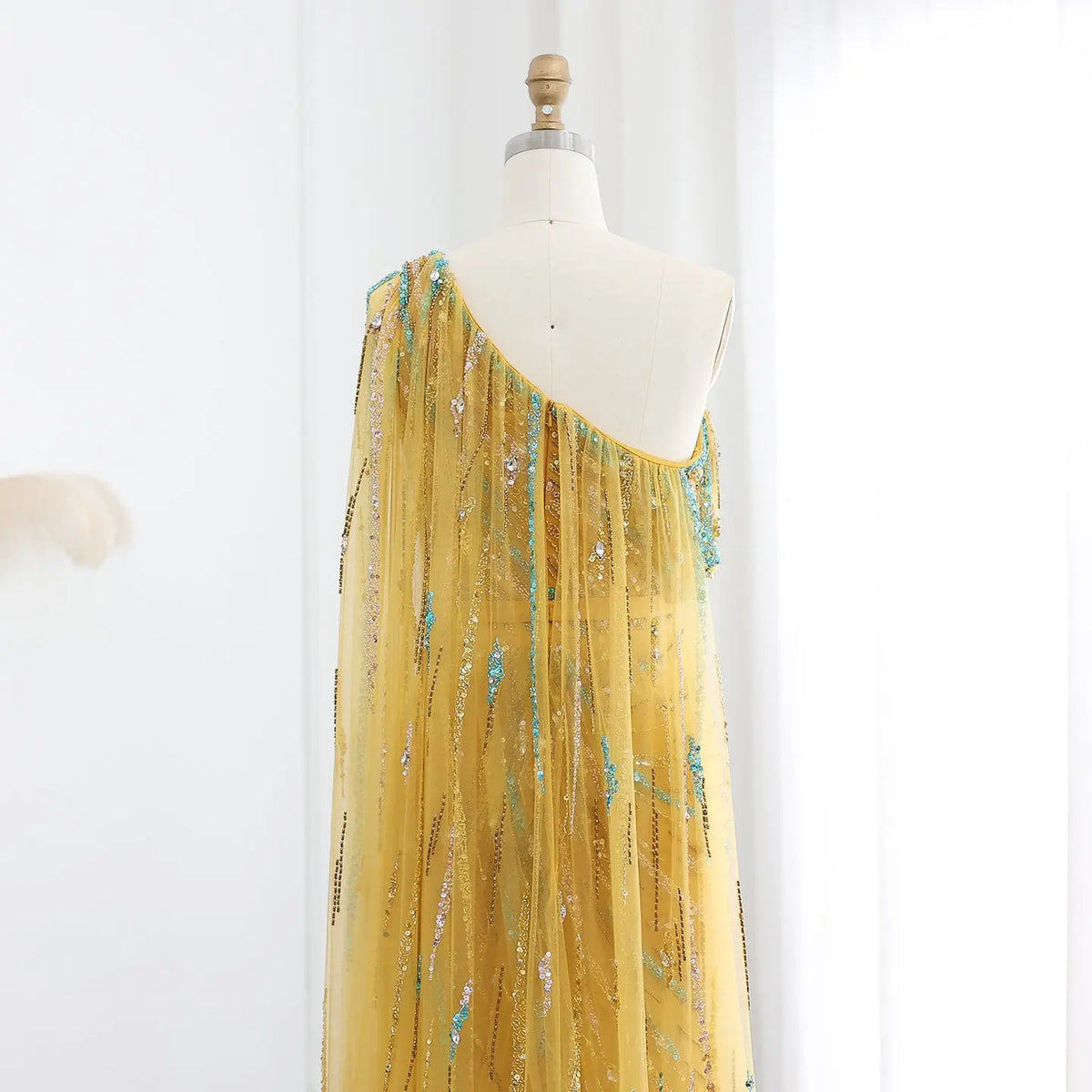 Colorful Beaded One Shoulder Yellow Evening Dress with Cape SS423 