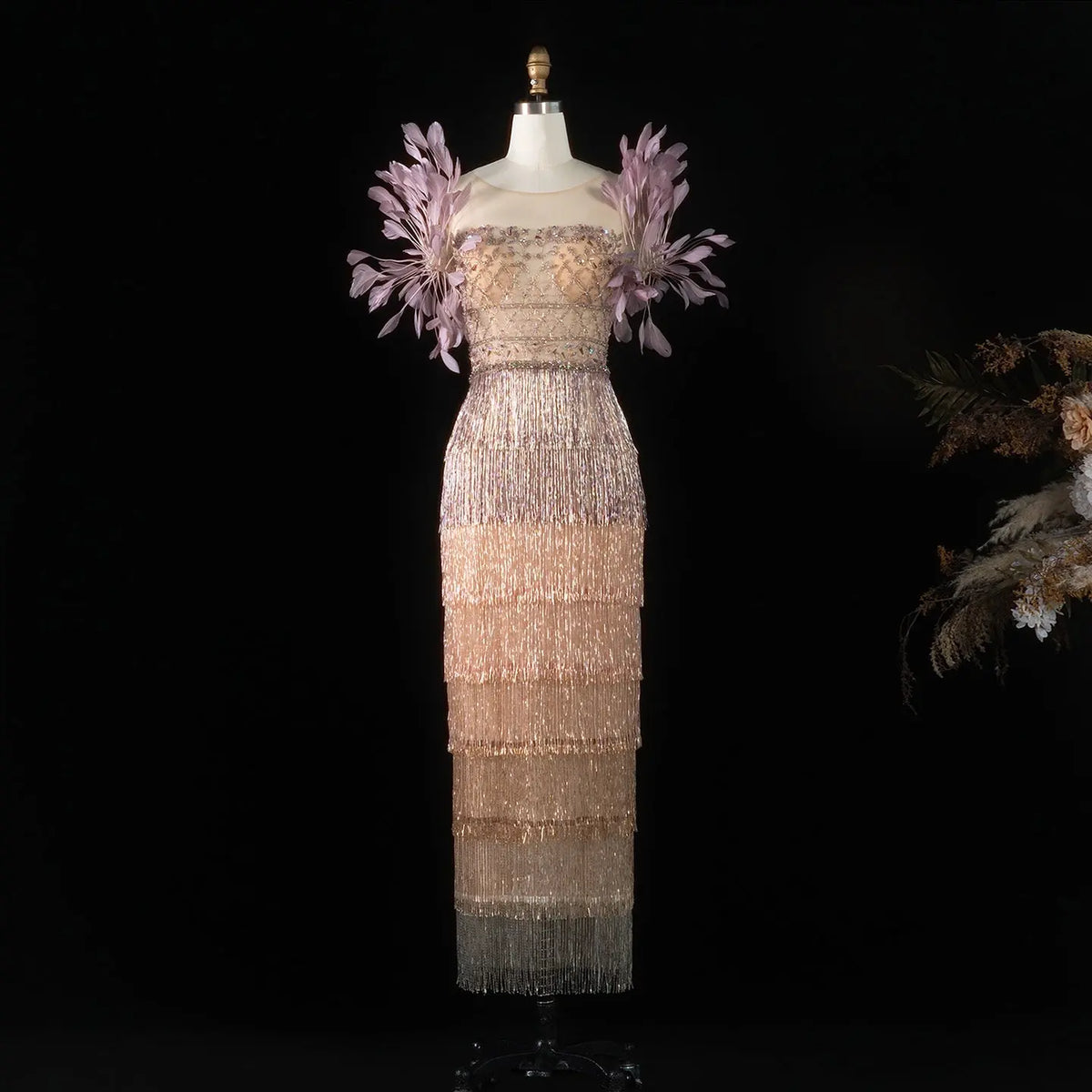 Luxury Feathers Tassel Lilac Evening Dress SS379