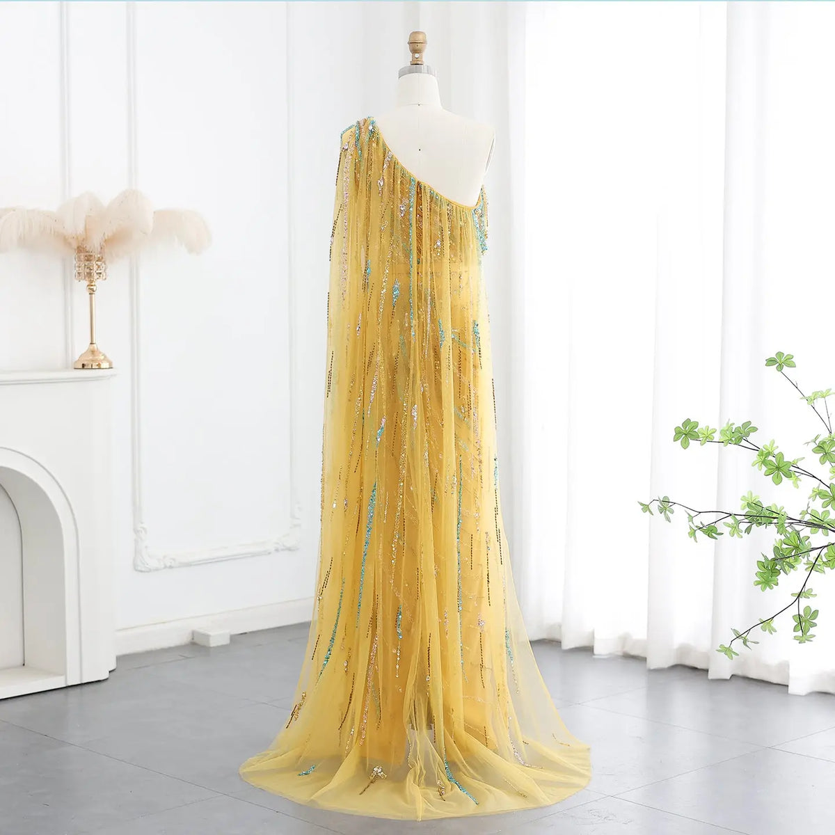Colorful Beaded One Shoulder Yellow Evening Dress with Cape SS423 Colorful Beaded One Shoulder Yellow Evening Dress with Cape SS423