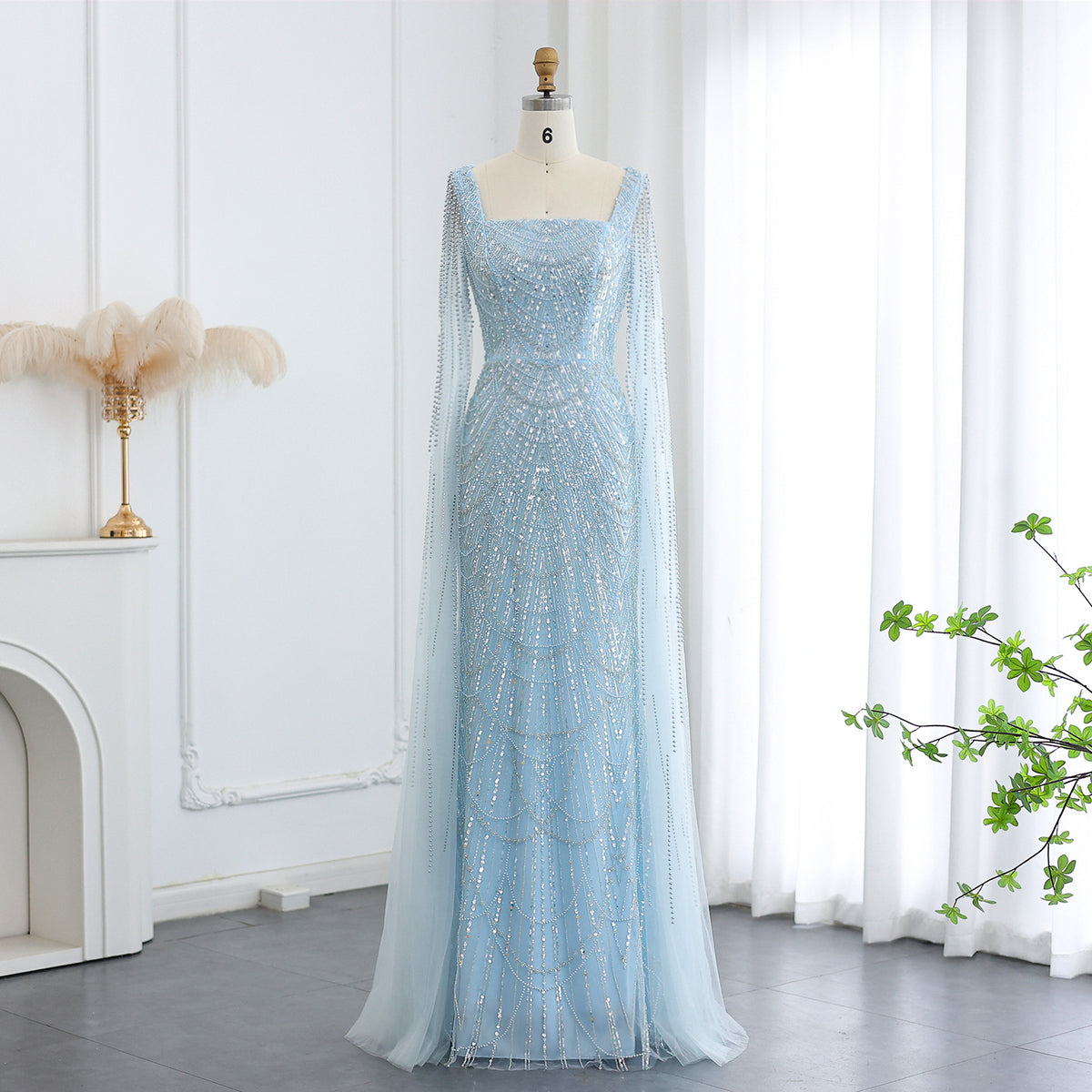 Luxury Beaded Blue Mermaid Evening Dress with Cape Sleeves SS116