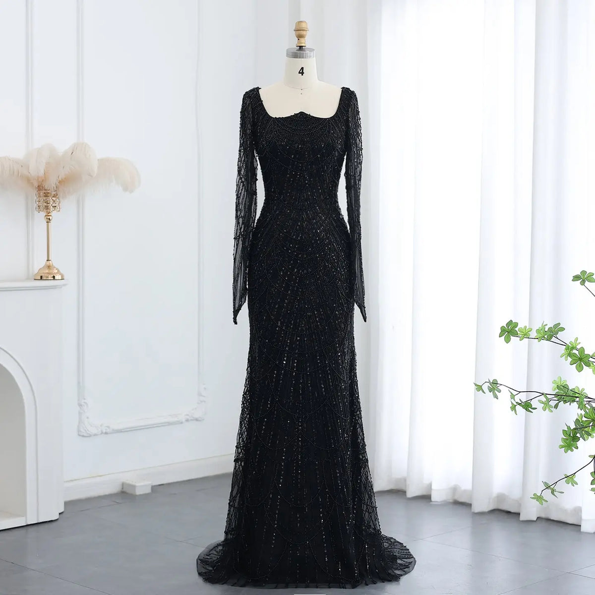 Luxury Beaded Champagne Long Sleeves Mermaid Evening Dress SS686 
