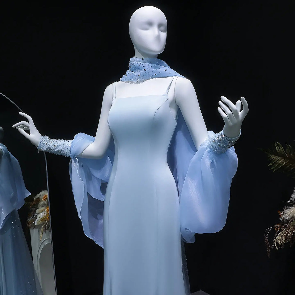 Elegant Light Blue Crystal Evening Dress with Puff Sleeves and Cape SS261 