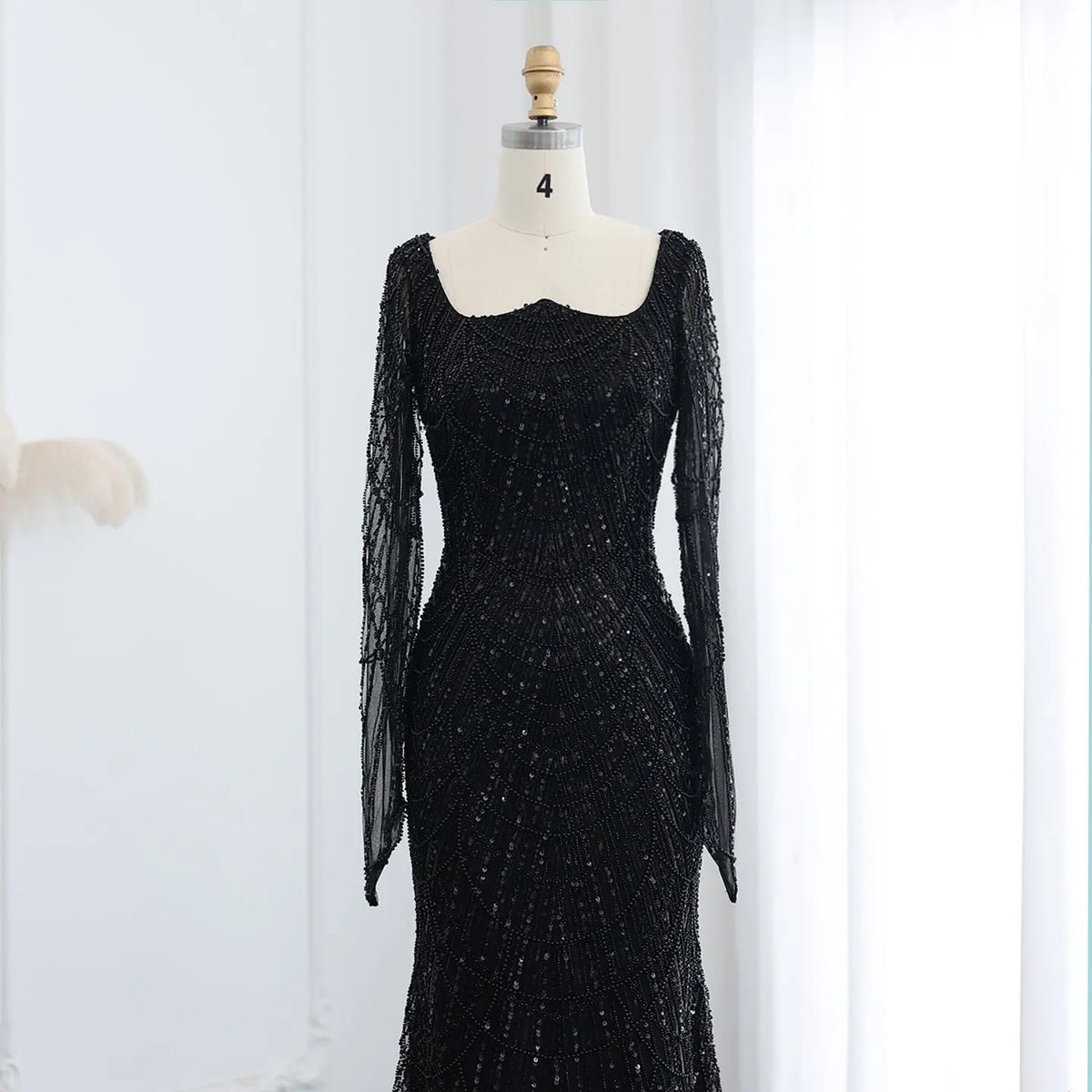 Luxury Beaded Champagne Long Sleeves Mermaid Evening Dress SS686 