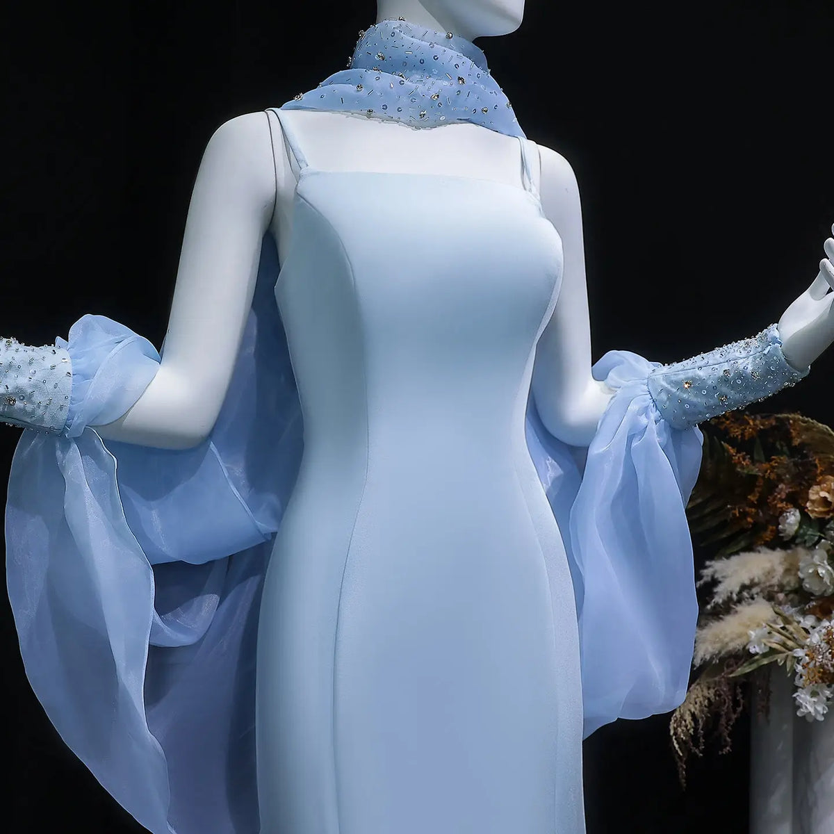 Elegant Light Blue Crystal Evening Dress with Puff Sleeves and Cape SS261 