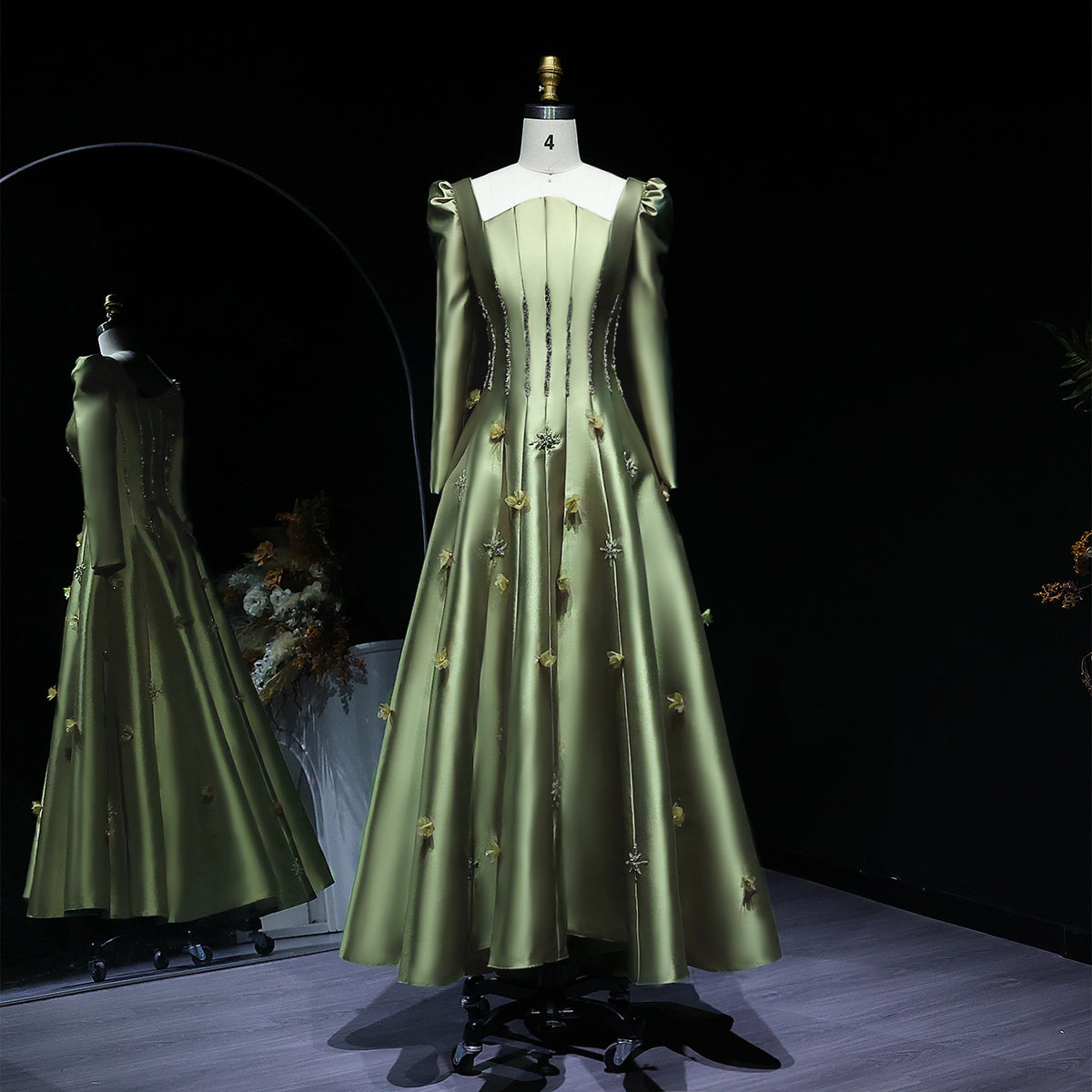 Elegant Green 3D Floral Beaded Long Sleeve Evening Dress XD014 