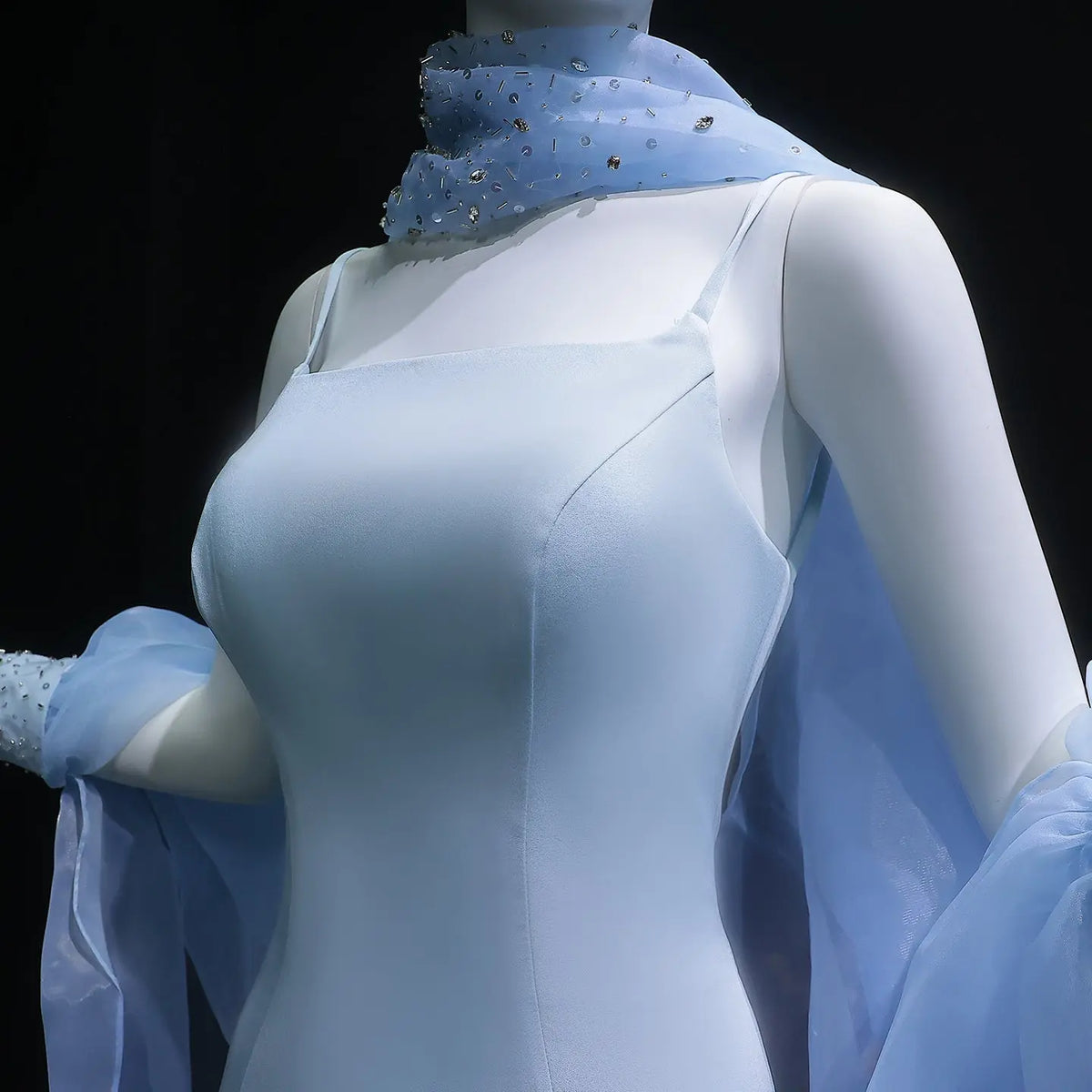 Elegant Light Blue Crystal Evening Dress with Puff Sleeves and Cape SS261 