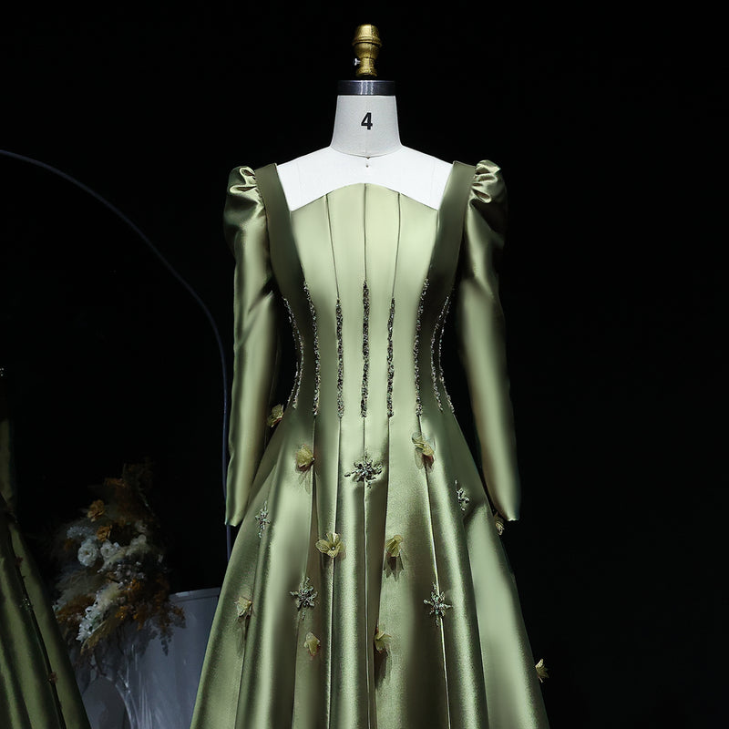 Elegant Green 3D Floral Beaded Long Sleeve Evening Dress XD014 