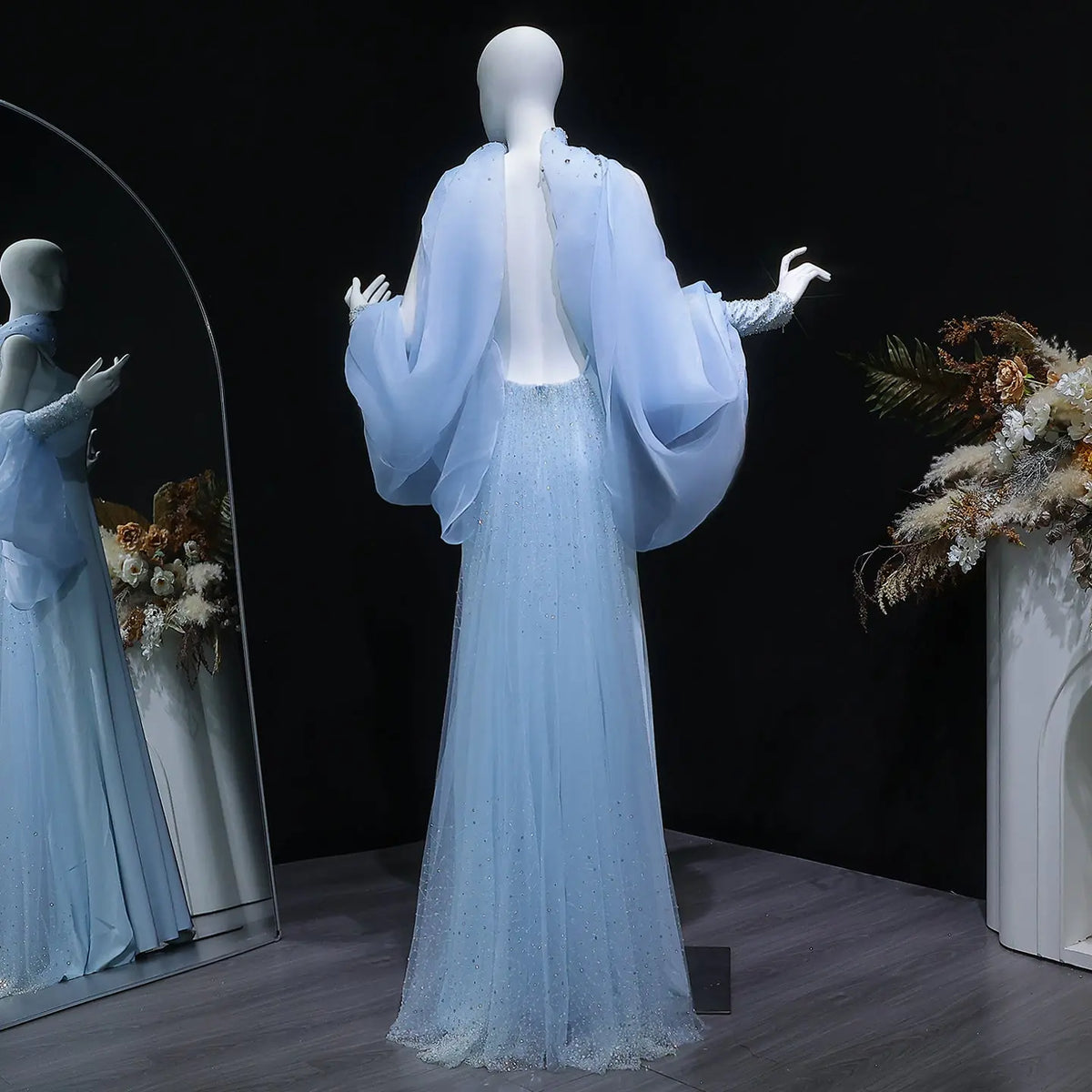 Elegant Light Blue Crystal Evening Dress with Puff Sleeves and Cape SS261 