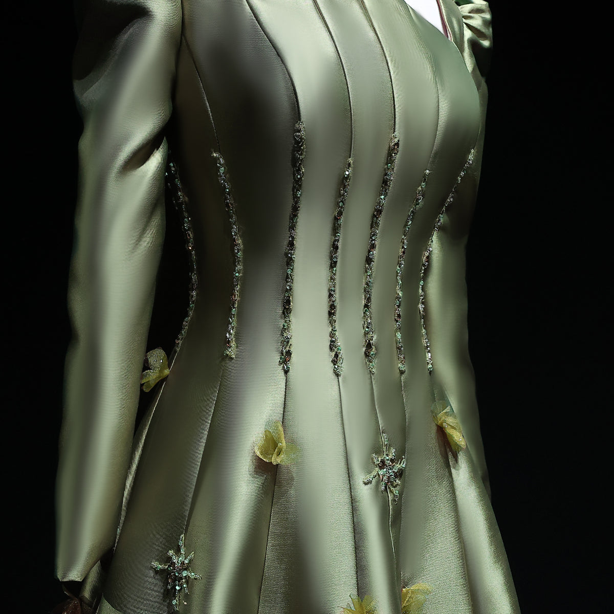 Elegant Green 3D Floral Beaded Long Sleeve Evening Dress XD014 