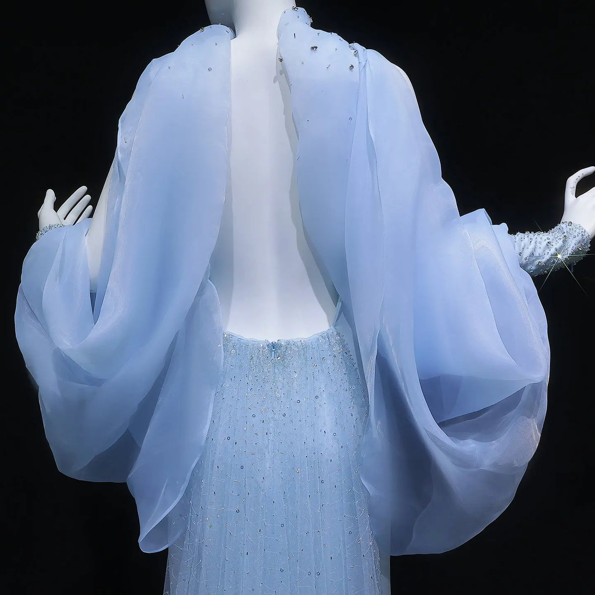 Elegant Light Blue Crystal Evening Dress with Puff Sleeves and Cape SS261 