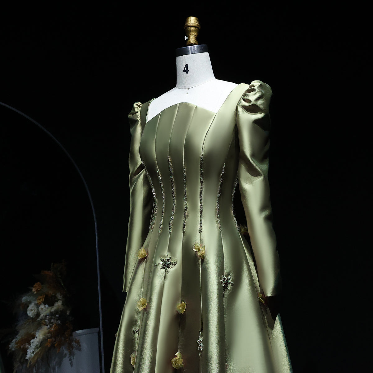 Elegant Green 3D Floral Beaded Long Sleeve Evening Dress XD014 