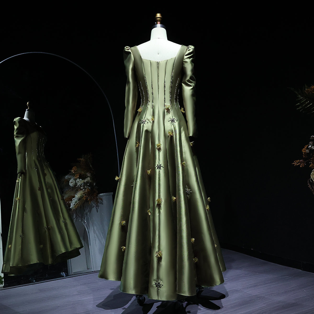 Elegant Green 3D Floral Beaded Long Sleeve Evening Dress XD014 