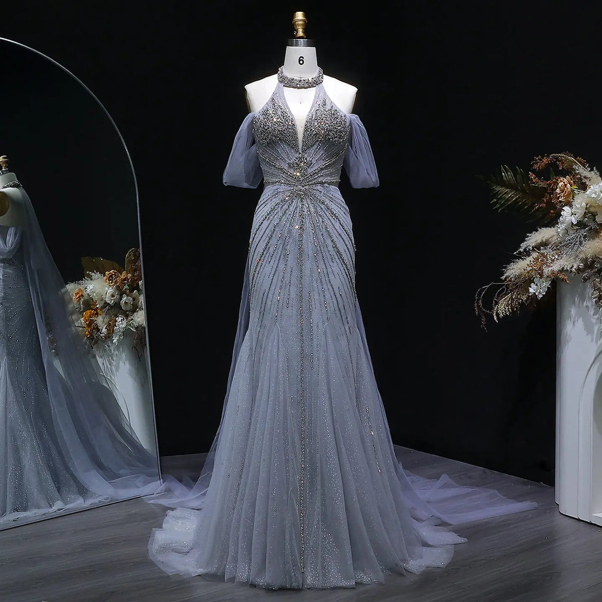 Luxury Turquoise Beaded Deep V Fitted Mermaid Evening Dress with Cap SS727 