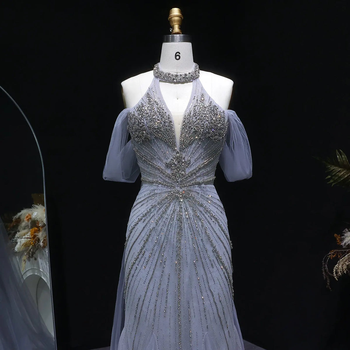 Luxury Turquoise Beaded Deep V Fitted Mermaid Evening Dress with Cap SS727 