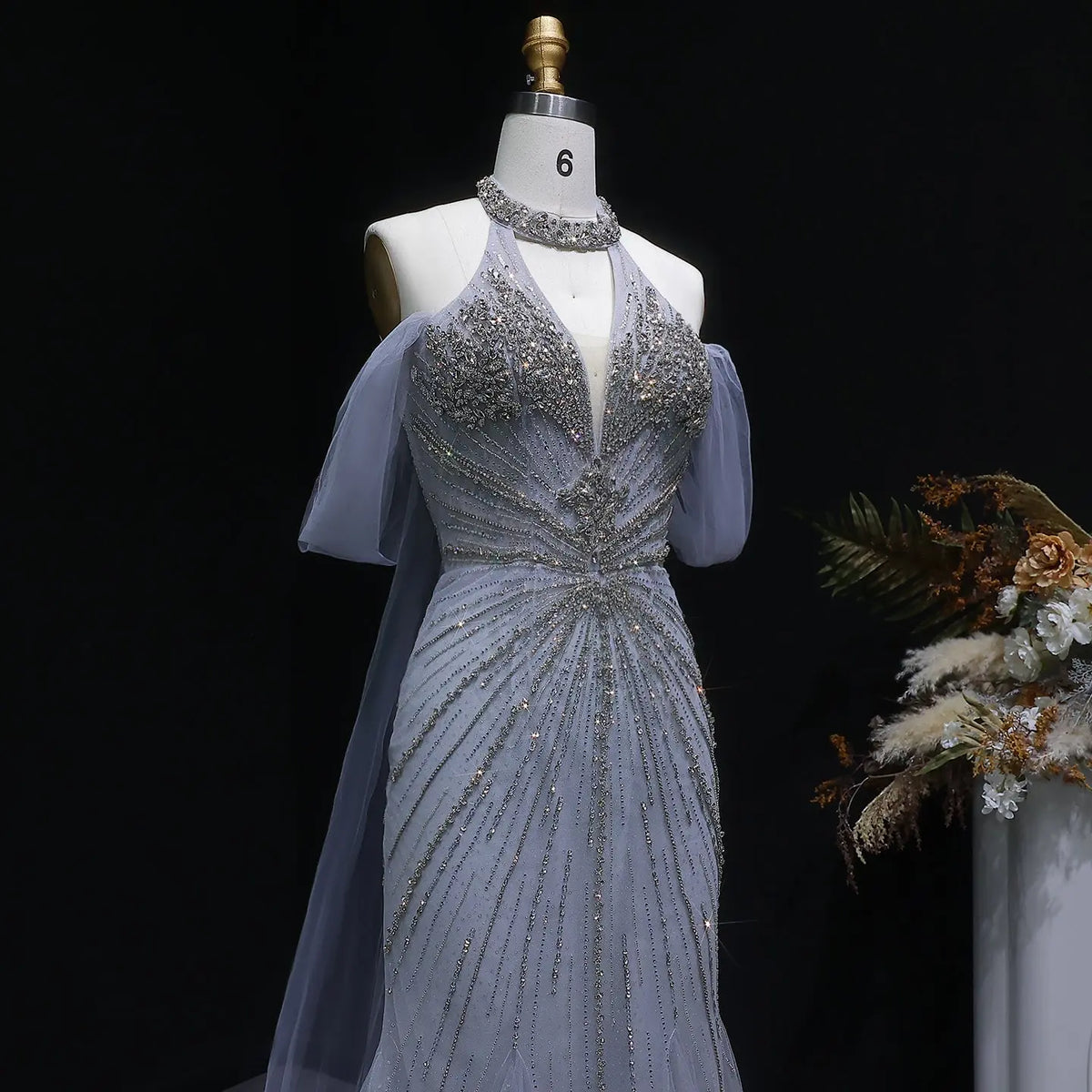 Luxury Turquoise Beaded Deep V Fitted Mermaid Evening Dress with Cap SS727 