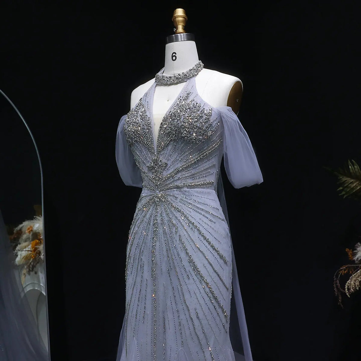 Luxury Turquoise Beaded Deep V Fitted Mermaid Evening Dress with Cap SS727 