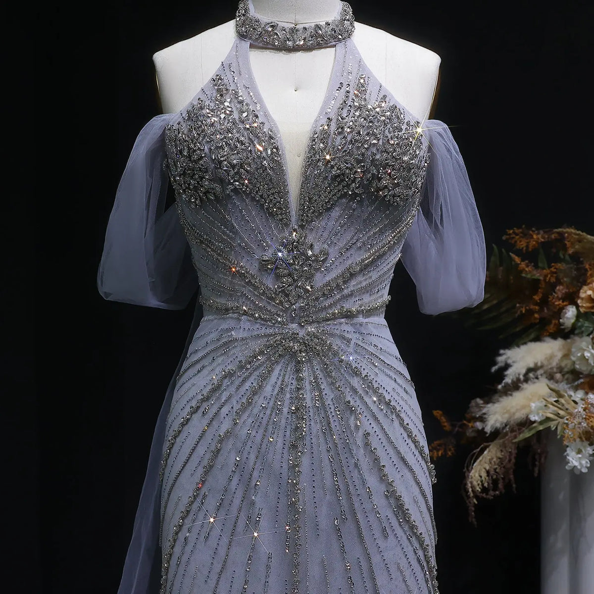 Luxury Turquoise Beaded Deep V Fitted Mermaid Evening Dress with Cap SS727 