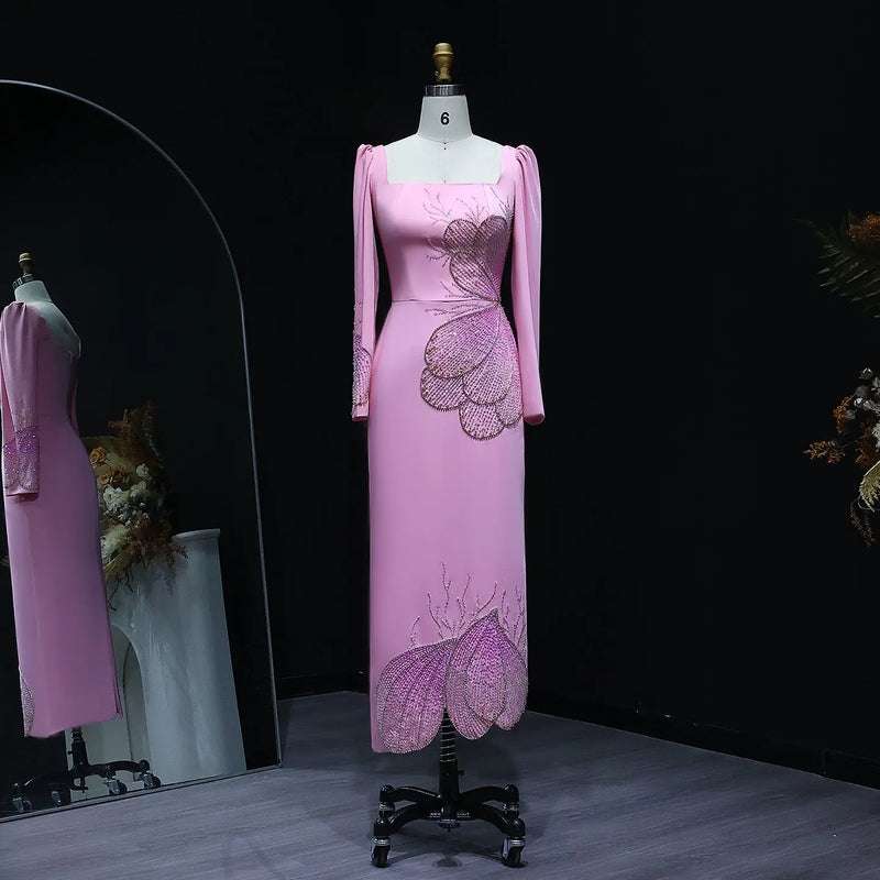Elegant Pink Butterfly Beaded Long Sleeves Evening Dress SS262 