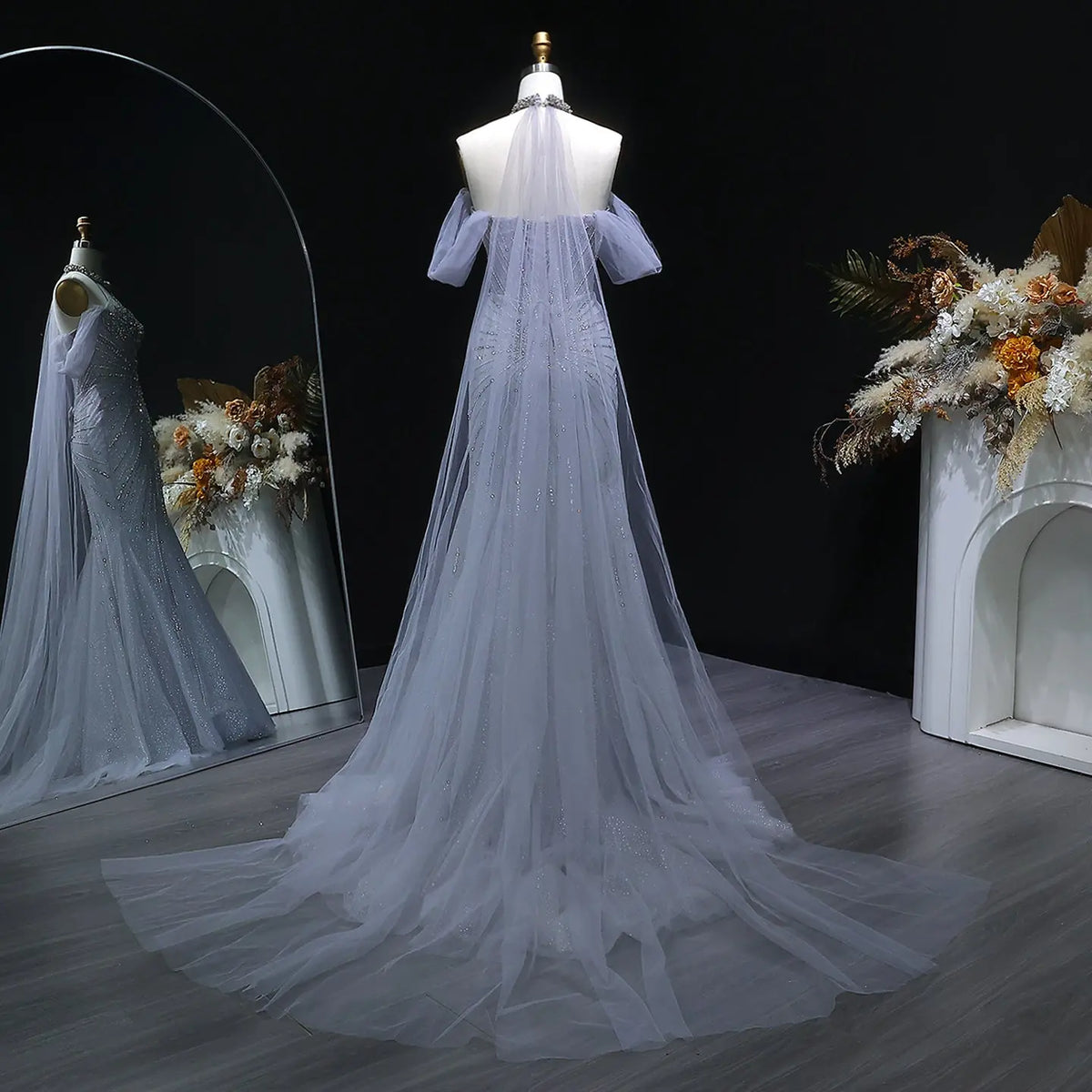 Luxury Turquoise Beaded Deep V Fitted Mermaid Evening Dress with Cap SS727 