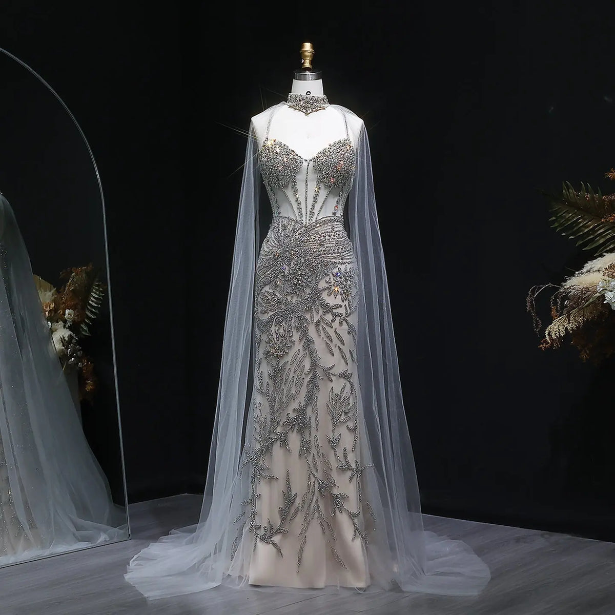 Luxury Champagne Beaded Evening Dress with Cape SS071 