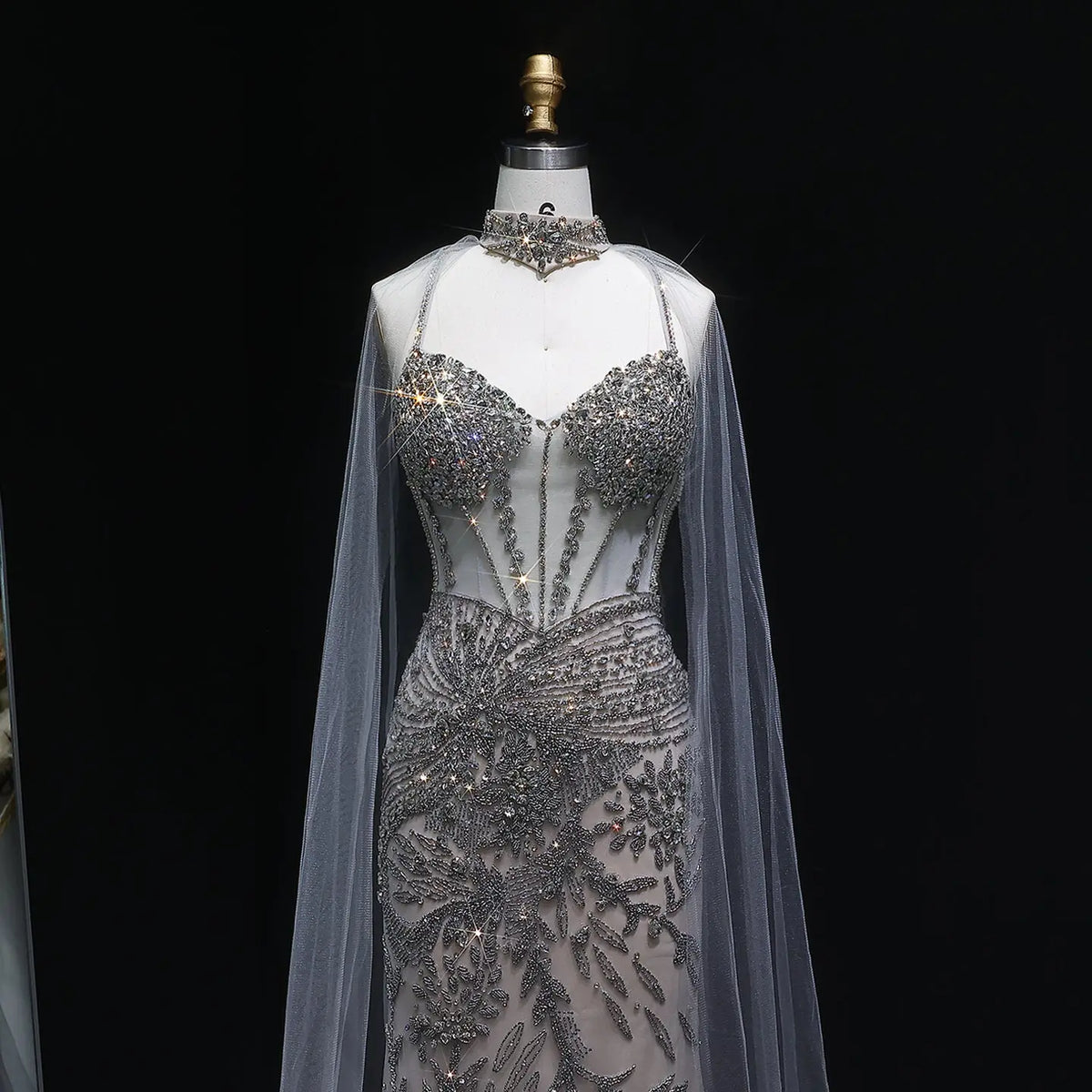 Luxury Champagne Beaded Evening Dress with Cape SS071 