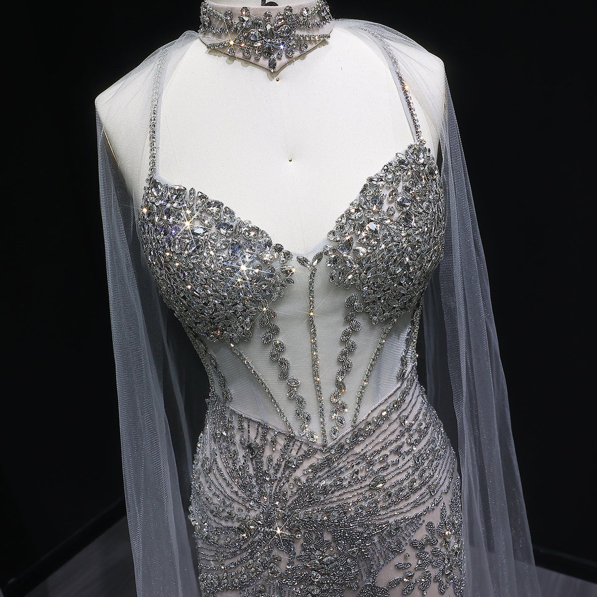 Luxury Champagne Beaded Evening Dress with Cape SS071