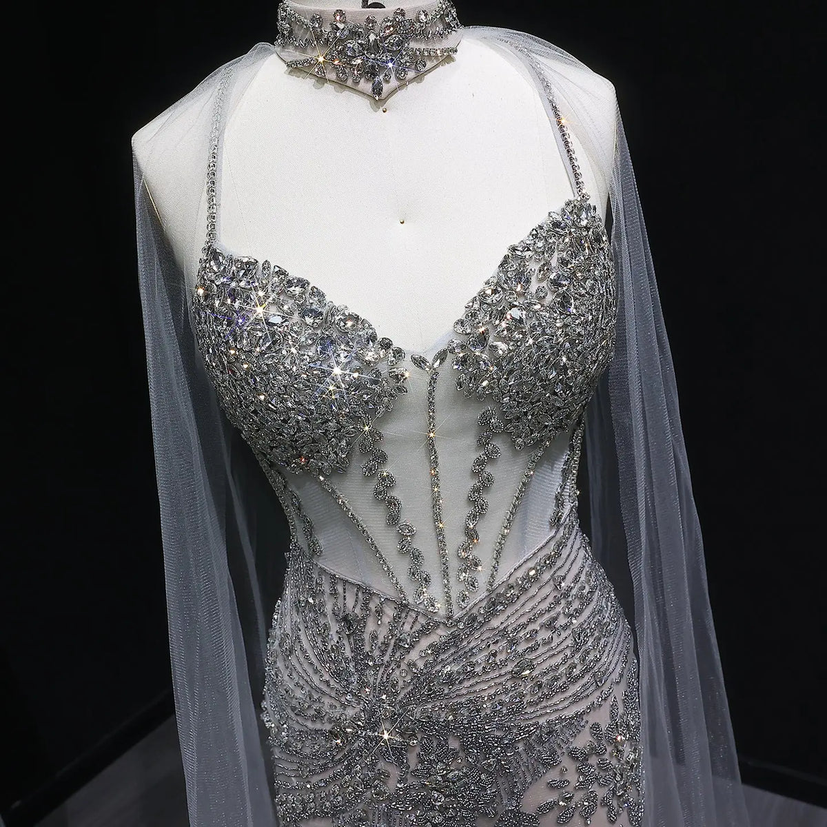 Luxury Champagne Beaded Evening Dress with Cape SS071 