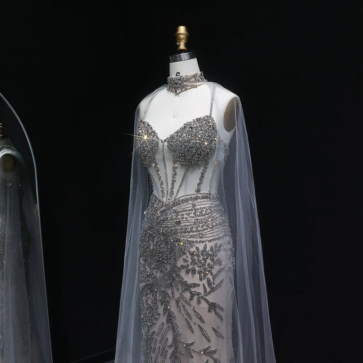 Luxury Champagne Beaded Evening Dress with Cape SS071 