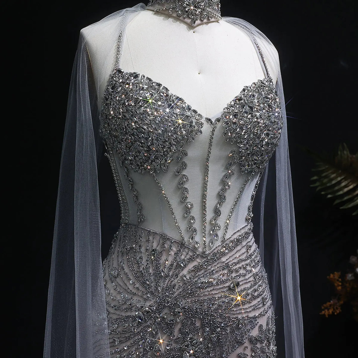 Luxury Champagne Beaded Evening Dress with Cape SS071 
