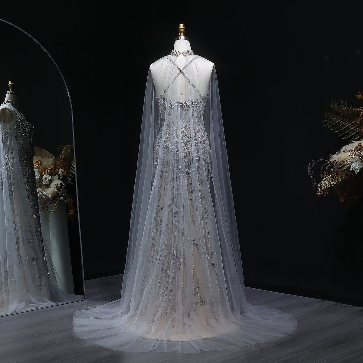 Luxury Champagne Beaded Evening Dress with Cape SS071