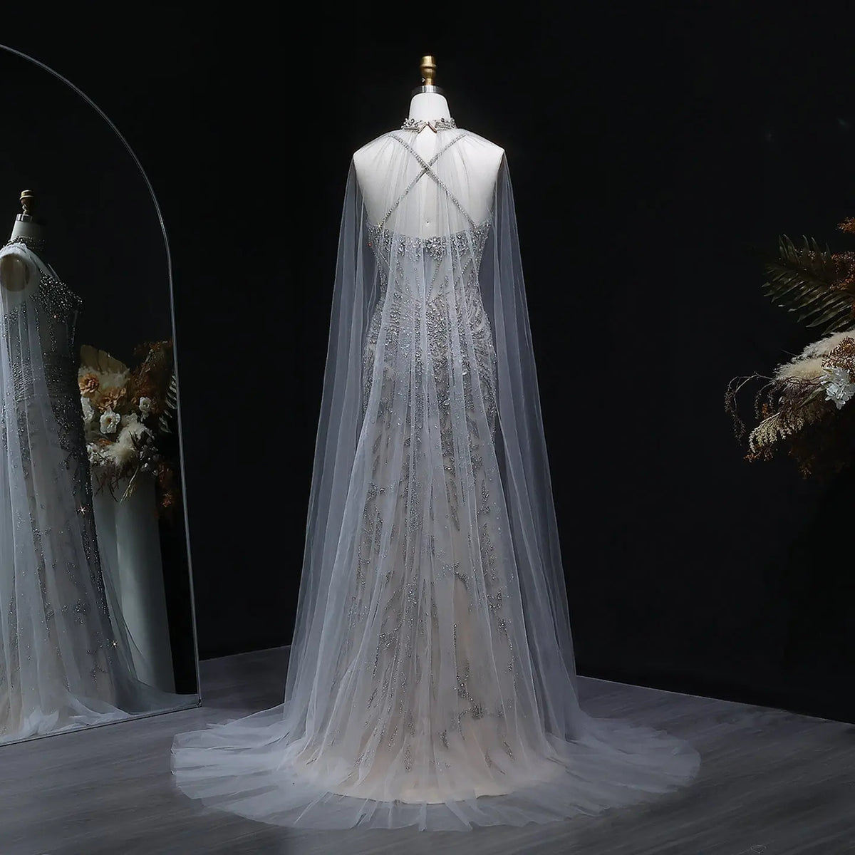 Luxury Champagne Beaded Evening Dress with Cape SS071 