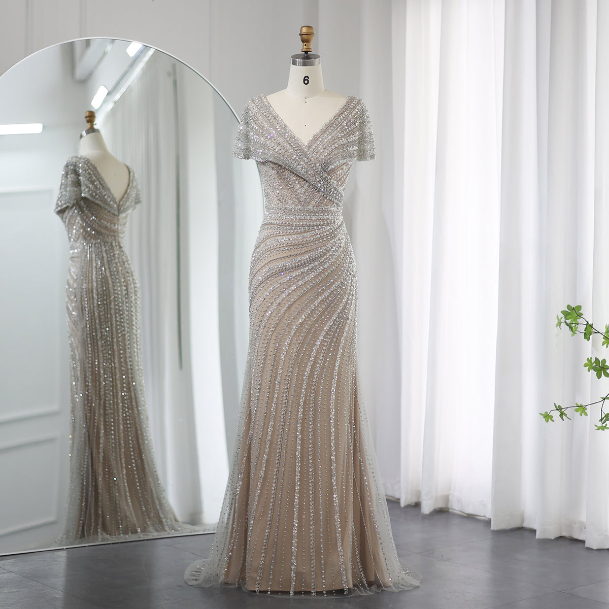 Sharon Said Luxus Dubai Silber Nude Meerjungfrau Abendkleider für Frauen Hochzeit Elegante Flügelärmeln Arabische Formale Partykleider SS045