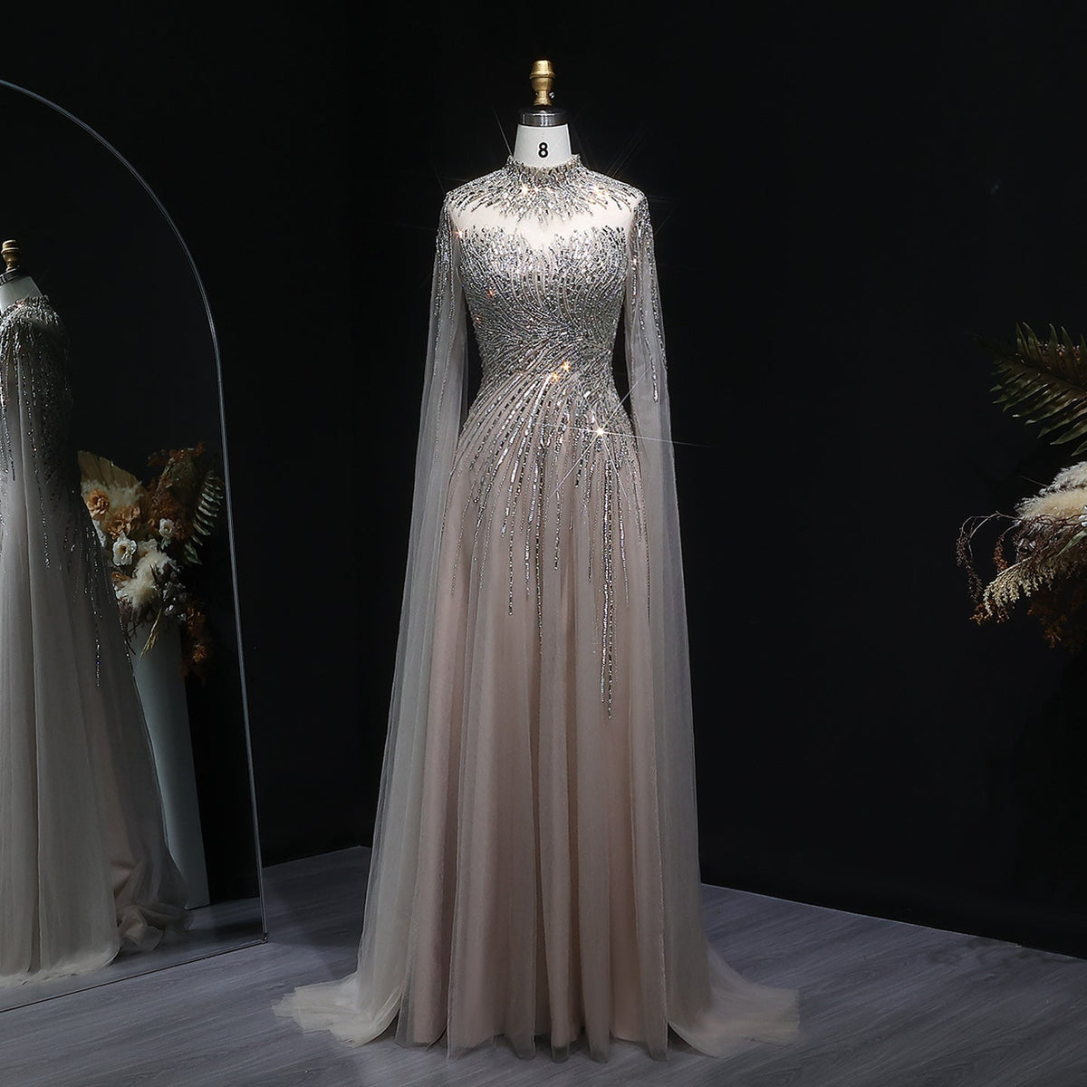 Luxury Blue High Neck Beaded Evening Dress with Cape Sleeve SS134 