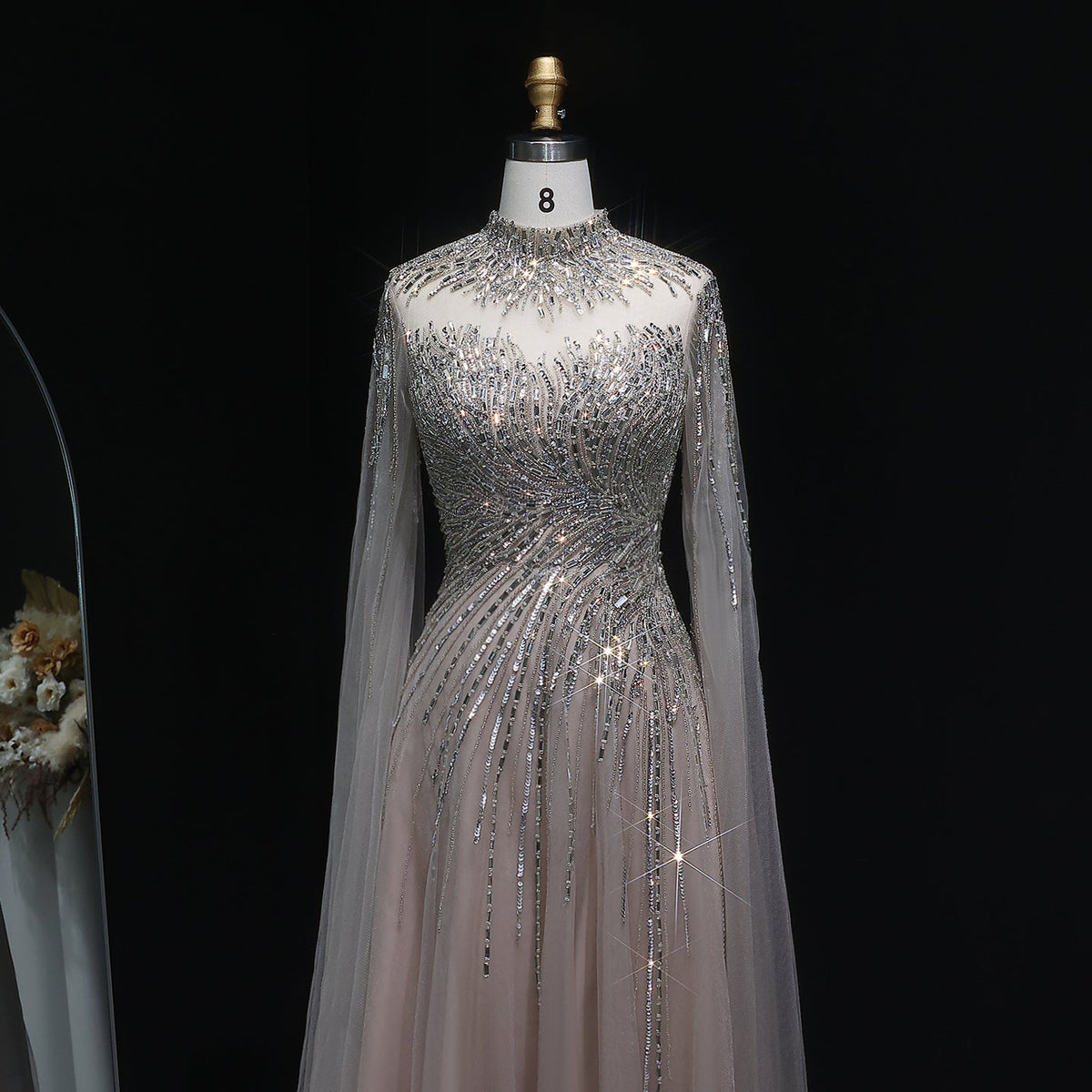 Luxury Blue High Neck Beaded Evening Dress with Cape Sleeve SS134 