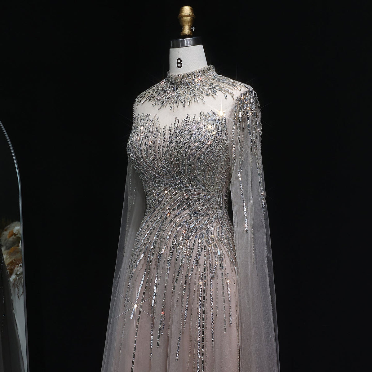 Luxury Blue High Neck Beaded Evening Dress with Cape Sleeve SS134 