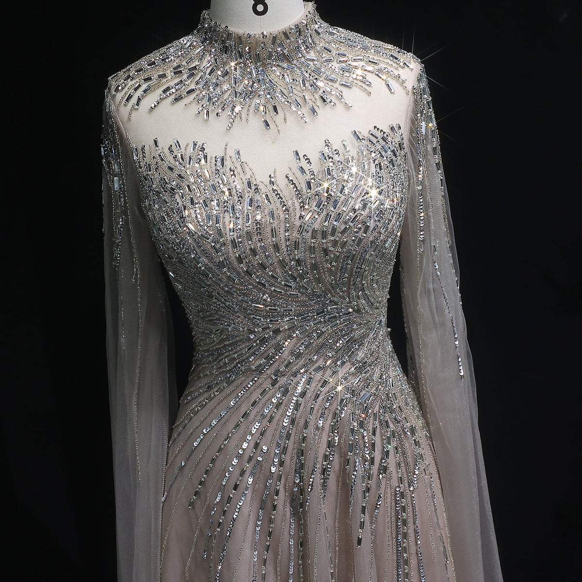 Luxury Blue High Neck Beaded Evening Dress with Cape Sleeve SS134 