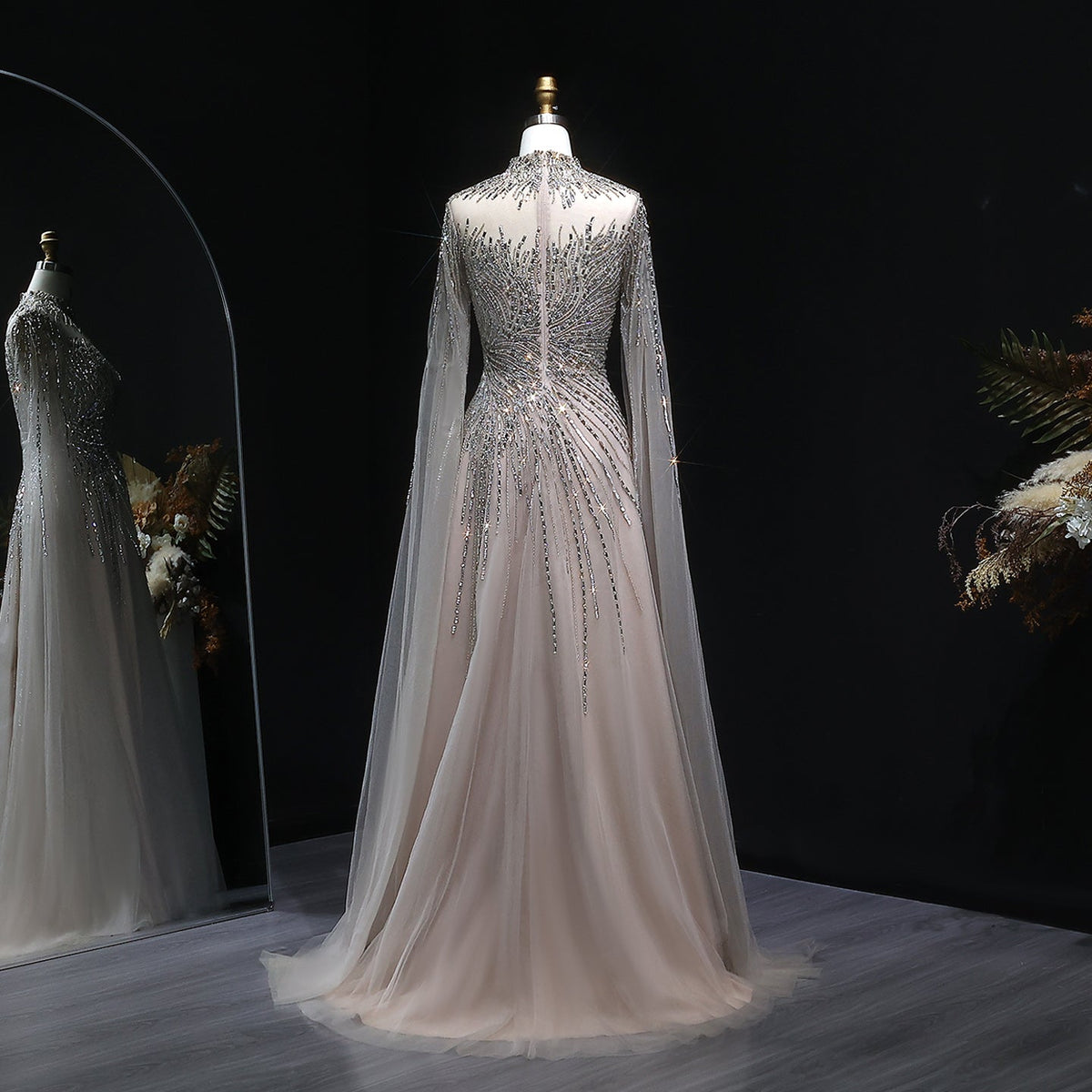 Luxury Blue High Neck Beaded Evening Dress with Cape Sleeve SS134 