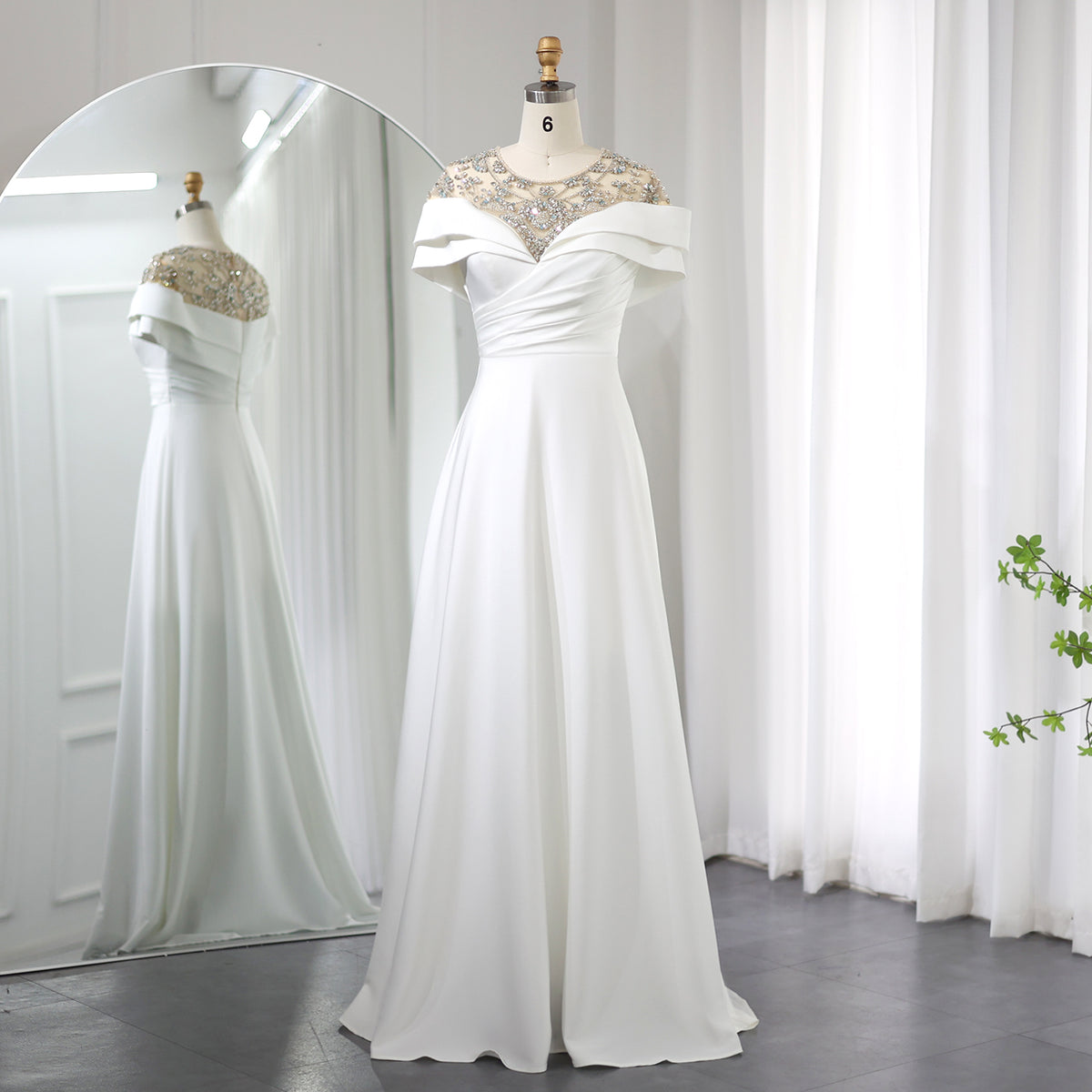 Sharon Said Elegante weiße Satin-Abendkleider mit Flügelärmeln für Hochzeiten, luxuriöses, arabisches, perlenbesetztes langes formelles Partykleid für Frauen SS246
