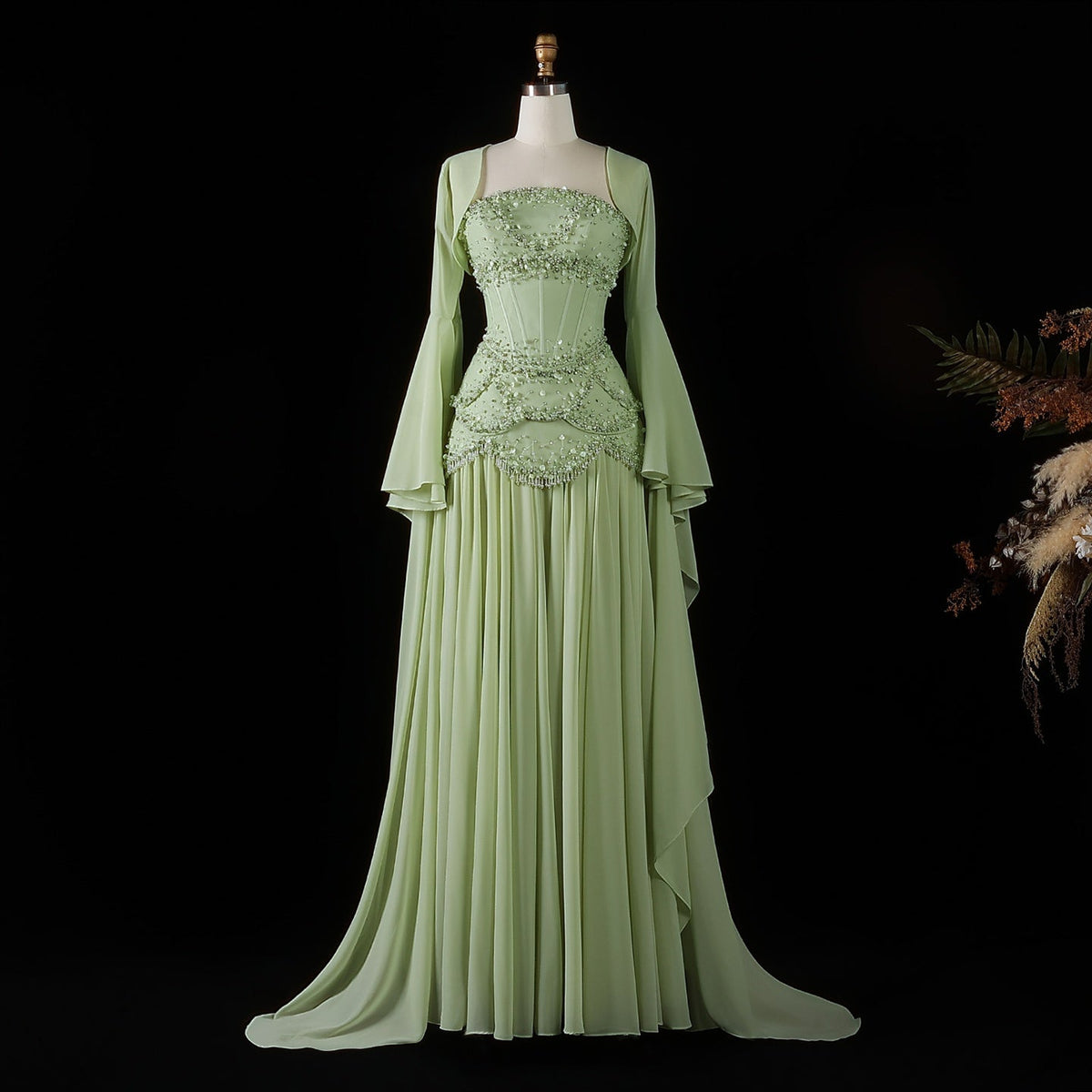 Luxury Pearls Tassel Blue and Yellow Evening Dress with Flowing Sleeves SS286 