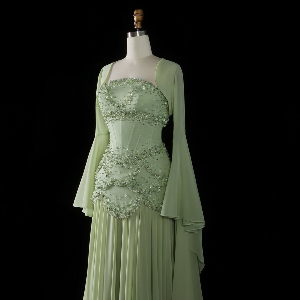 Luxury Pearls Tassel Blue and Yellow Evening Dress with Flowing Sleeves SS286 