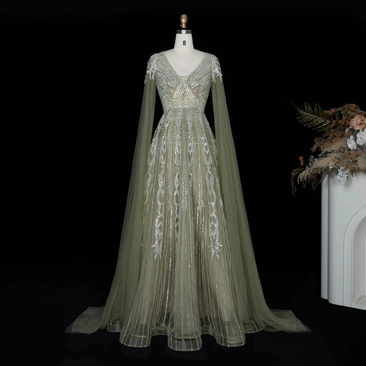Beaded V Neck Cape Sleeve Evening Dress SS073