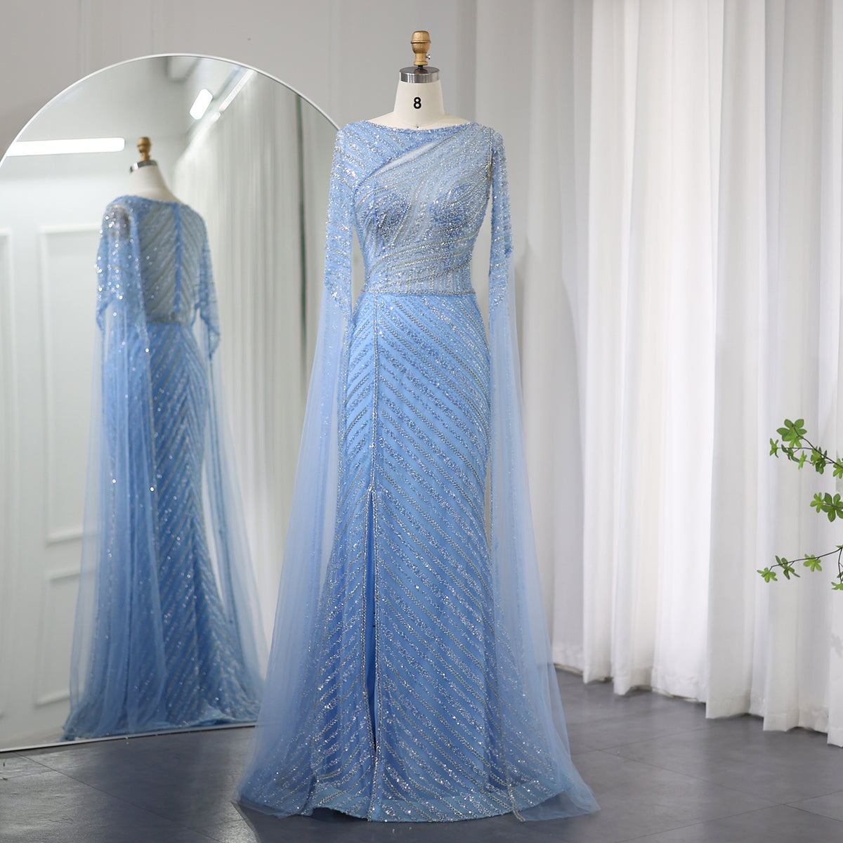 Sharon Said Arabisches Meerjungfrau-Abendkleid in Blau mit Cape-Ärmeln, Luxus-Übergrößen, formelle Hochzeits- und Partykleider SS087