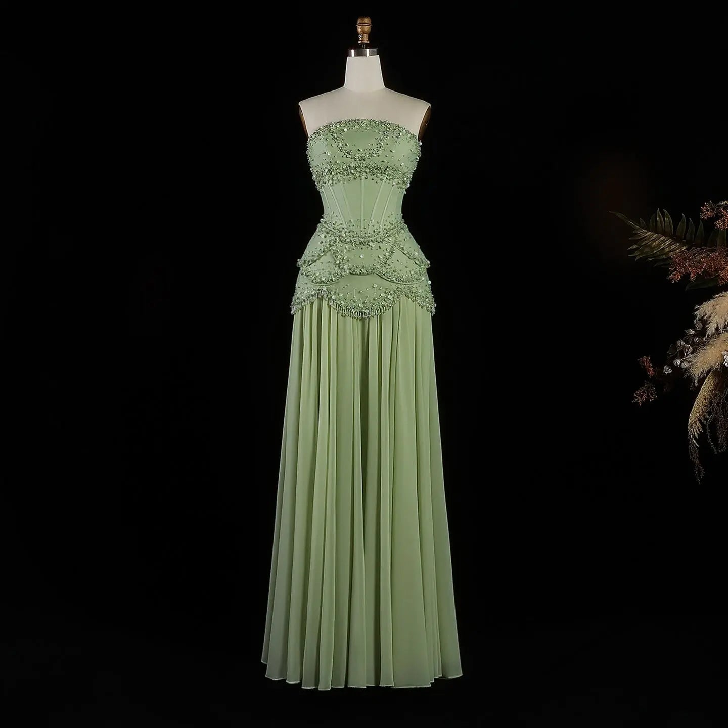 Luxury Pearls Tassel Blue and Yellow Evening Dress with Flowing