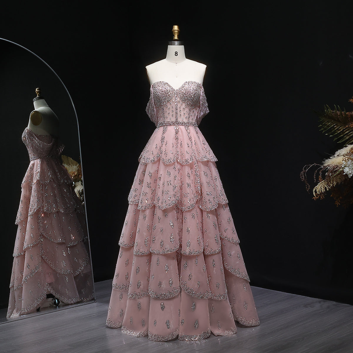 Romantic Pink Sequin Strapless Layered Evening Dress SS612 