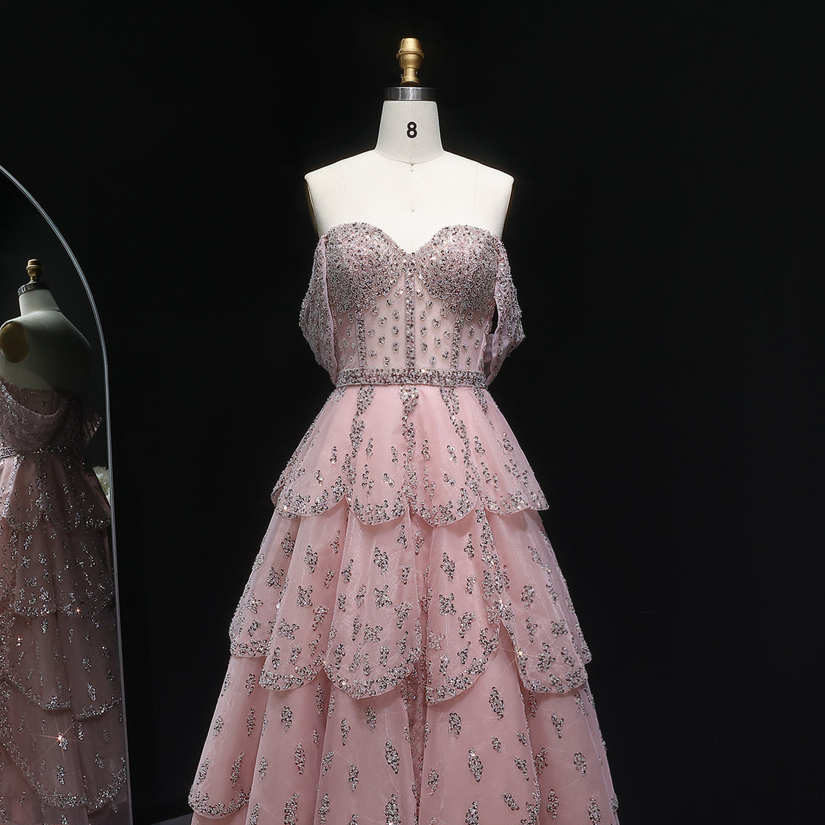 Romantic Pink Sequin Strapless Layered Evening Dress SS612 