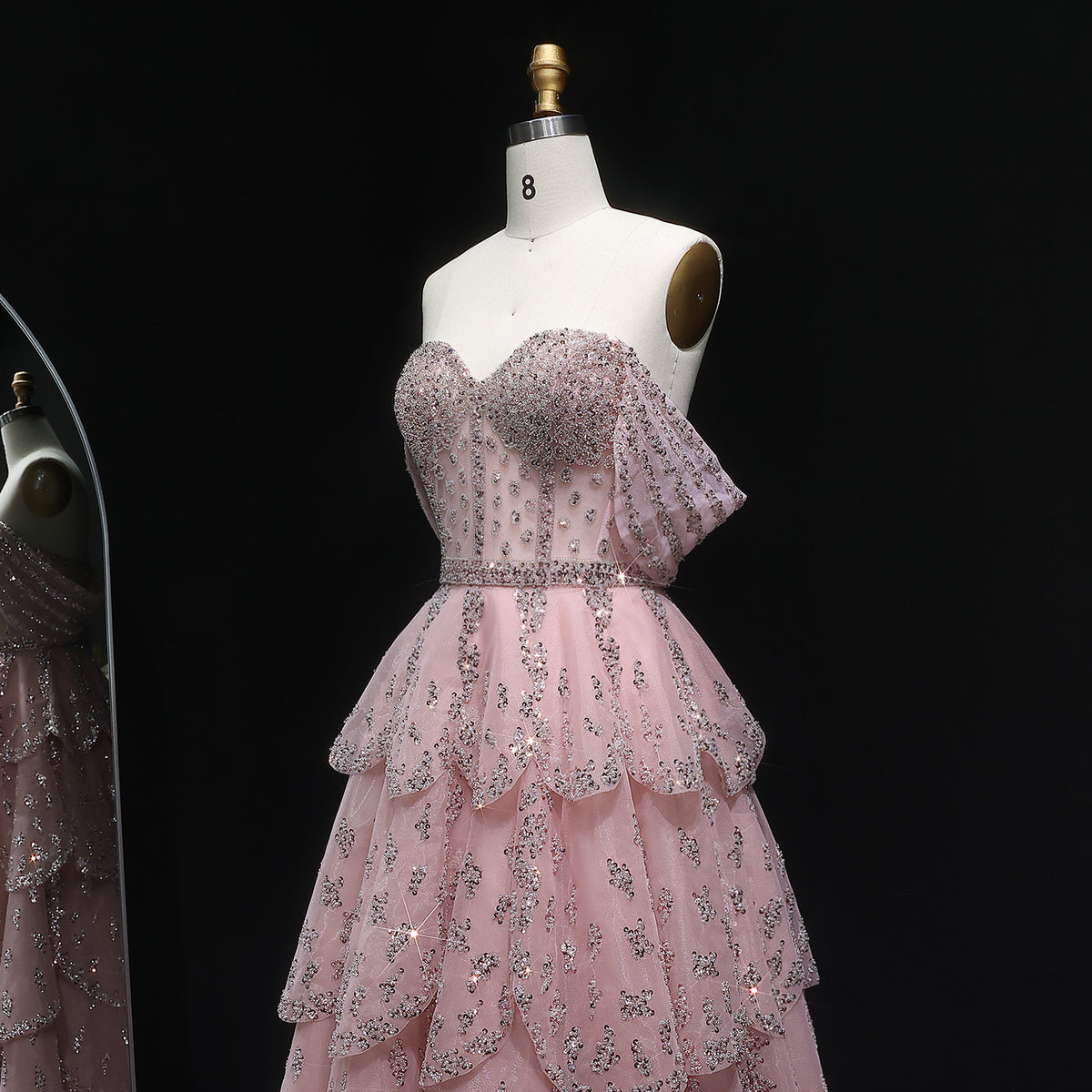 Romantic Pink Sequin Strapless Layered Evening Dress SS612 