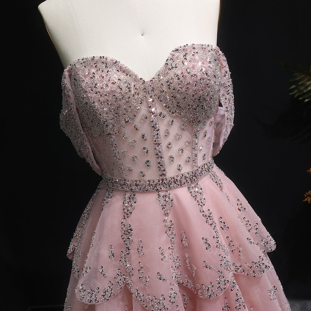 Romantic Pink Sequin Strapless Layered Evening Dress SS612 