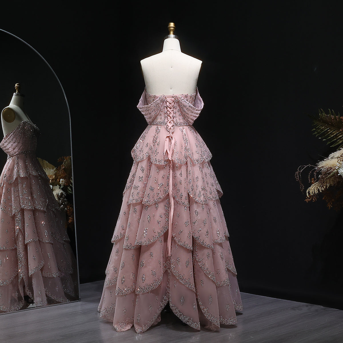 Romantic Pink Sequin Strapless Layered Evening Dress SS612 